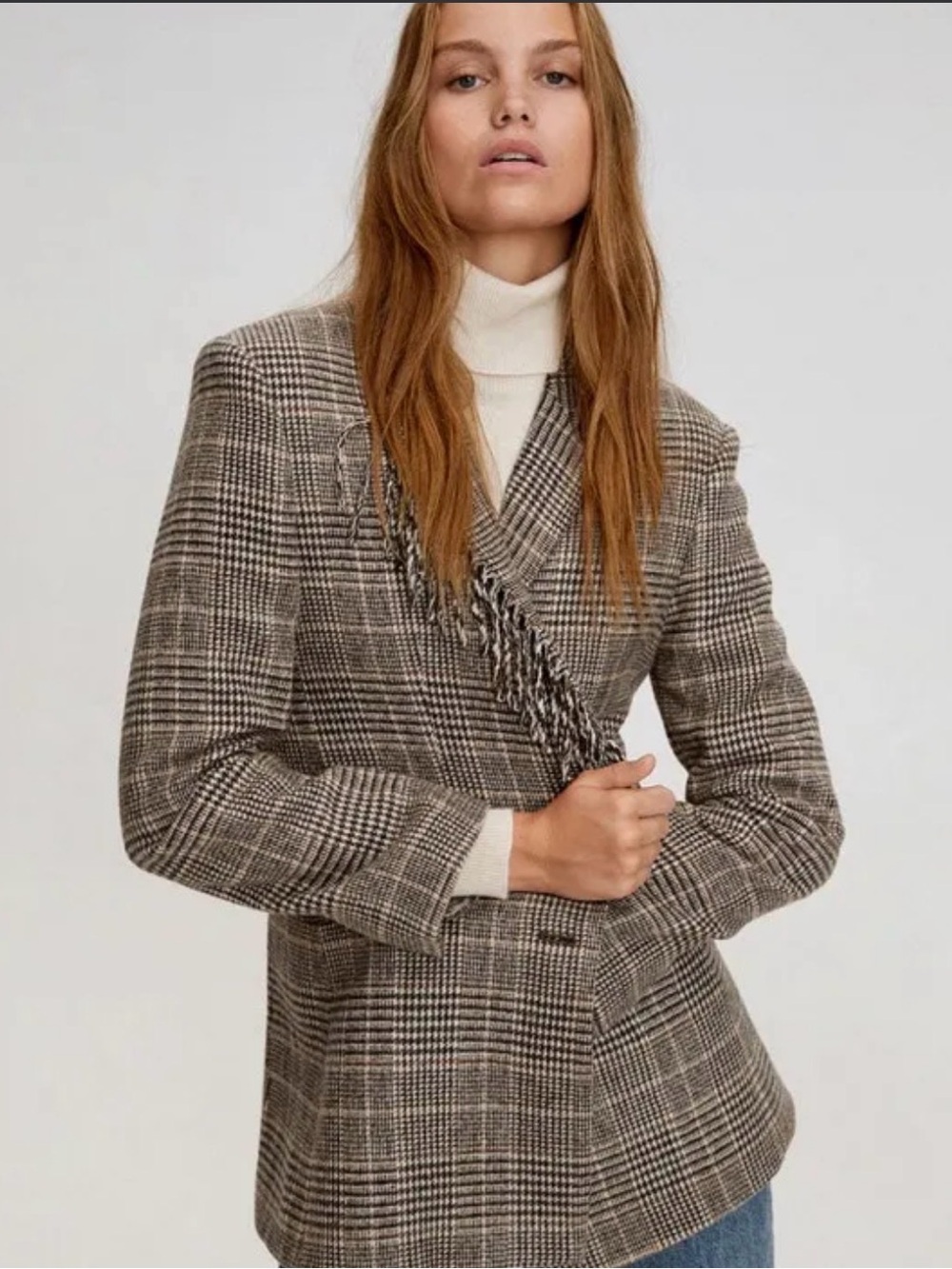 Mango Brown Plaid Fringed Blazer Jacket